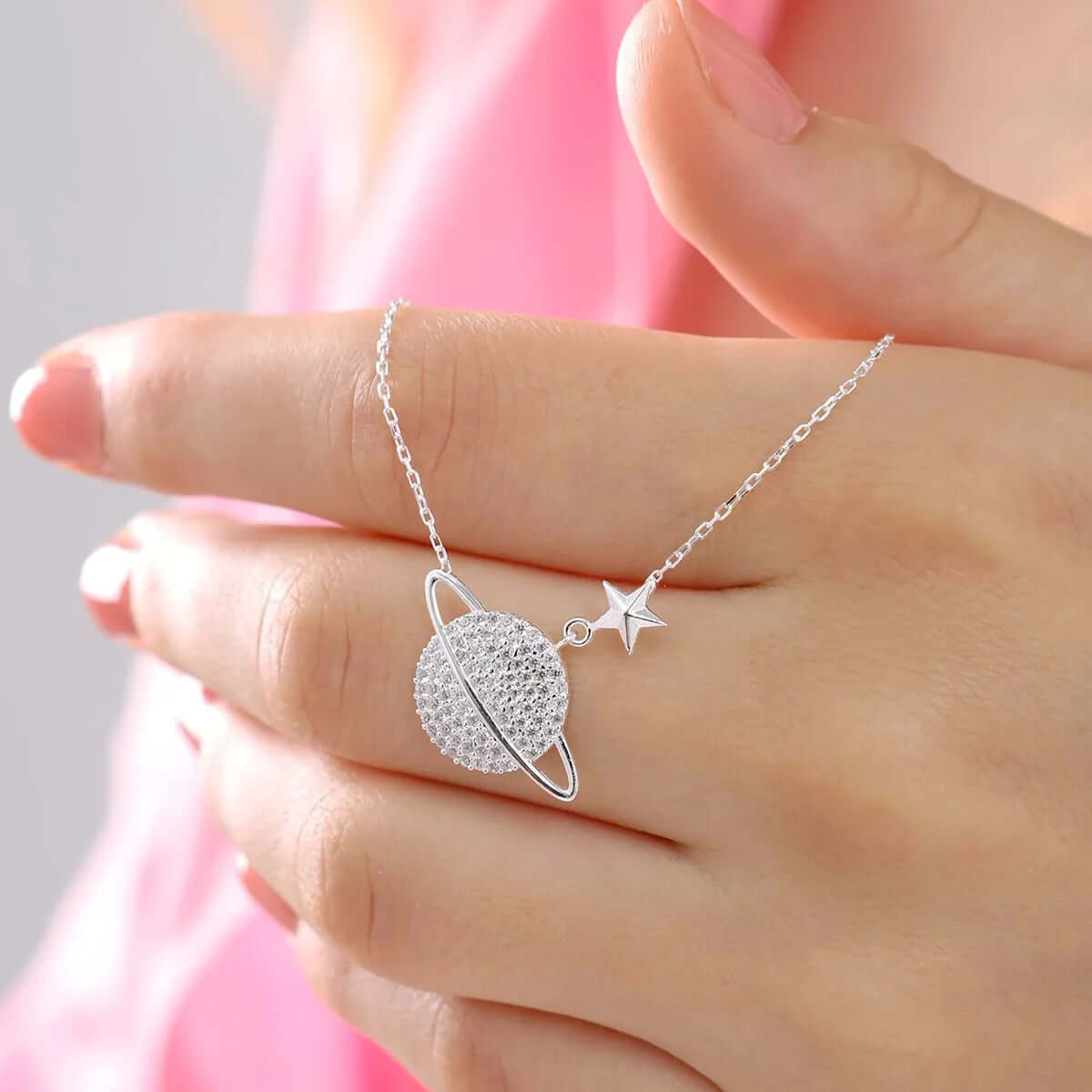 Saturn Planet Chain Necklace Black Cubic Zirconia in 925 Silver