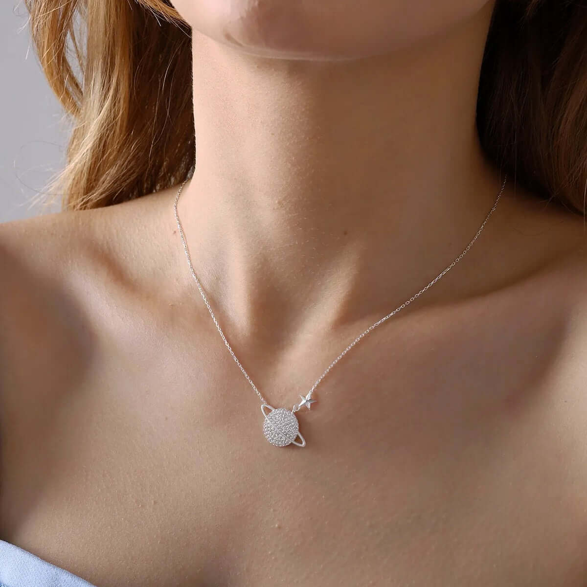 Saturn Planet Chain Necklace Black Cubic Zirconia in 925 Silver