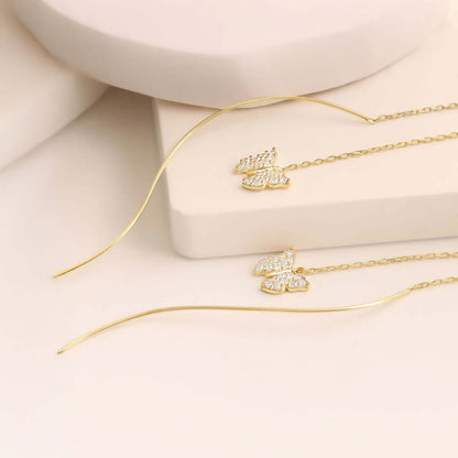 Zircon Butterfly Charm Earrings on Threader Chain