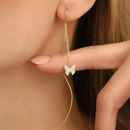 Zircon Butterfly Charm Earrings on Threader Chain