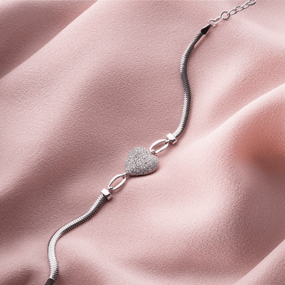 Zircon Heart Bracelet with 925 Silver Herringbone Chain