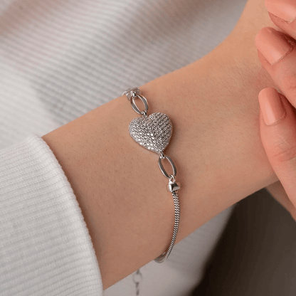 Zircon Heart Bracelet with 925 Silver Herringbone Chain