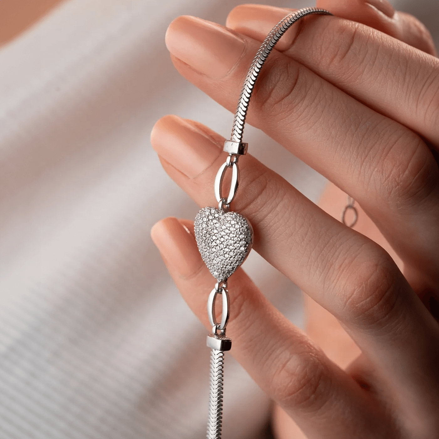 Zircon Heart Bracelet with 925 Silver Herringbone Chain