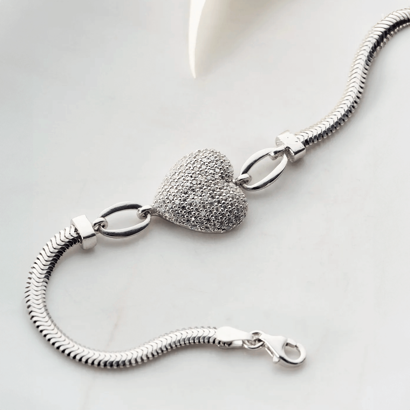 Zircon Heart Bracelet with 925 Silver Herringbone Chain