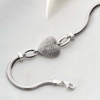 Zircon Heart Bracelet with 925 Silver Herringbone Chain