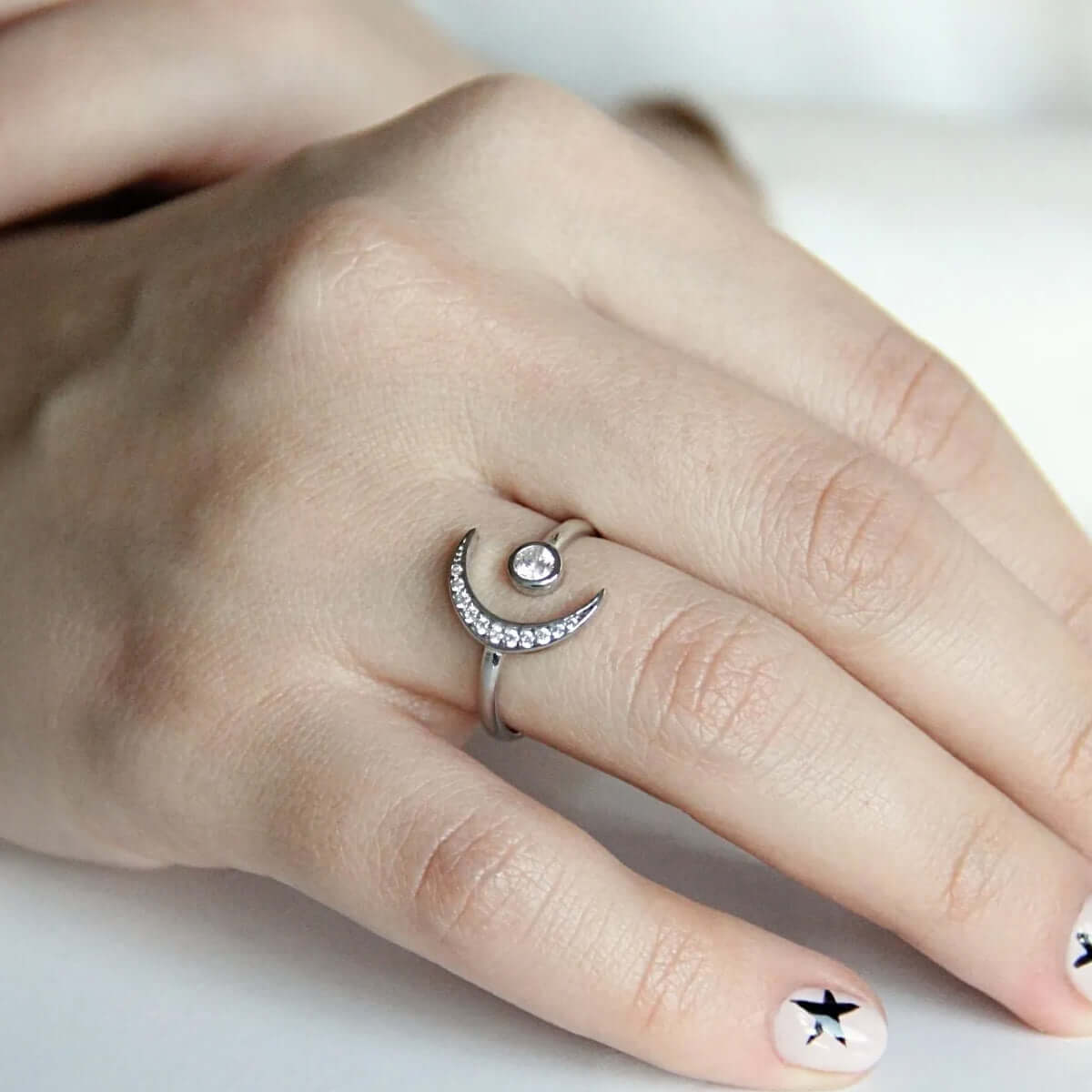 Zirconia Diamonds Crescent Moon Open Ring