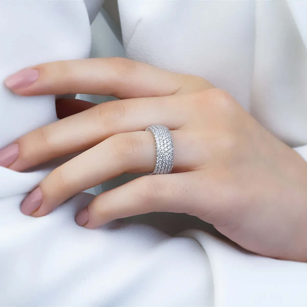 Five Rows Brilliant-Cut White Zircon Silver Band Ring