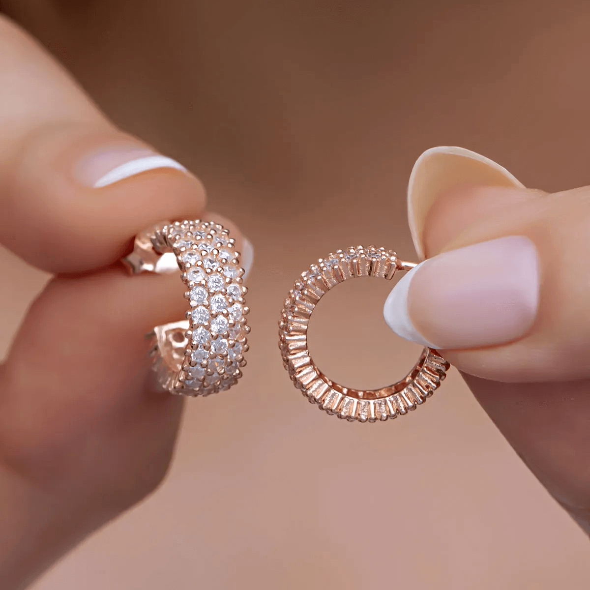 Silver Rose Gold-Plated 3 Rows Zirconia Round Stud Earrings