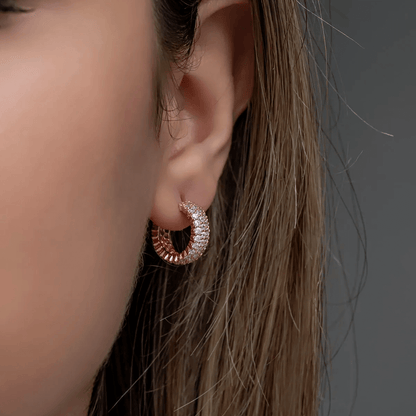 Silver Rose Gold-Plated 3 Rows Zirconia Round Stud Earrings