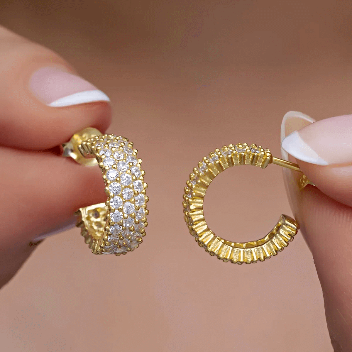 Silver Rose Gold-Plated 3 Rows Zirconia Round Stud Earrings