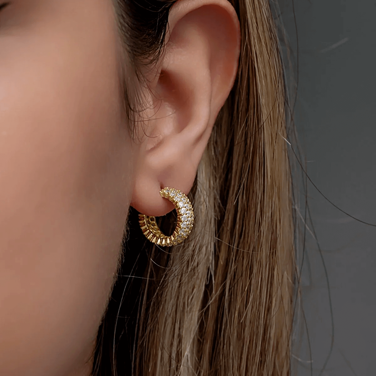 Silver Rose Gold-Plated 3 Rows Zirconia Round Stud Earrings